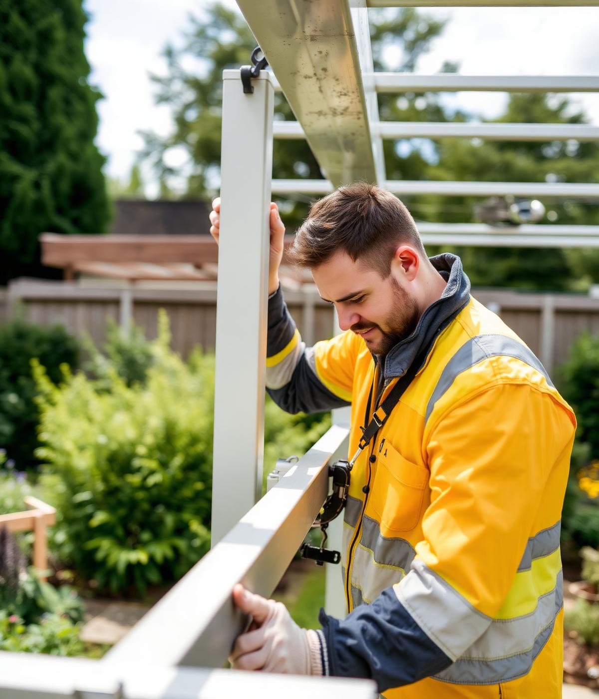 Monteur montiert eine Aluminium-Pergola im Garten
