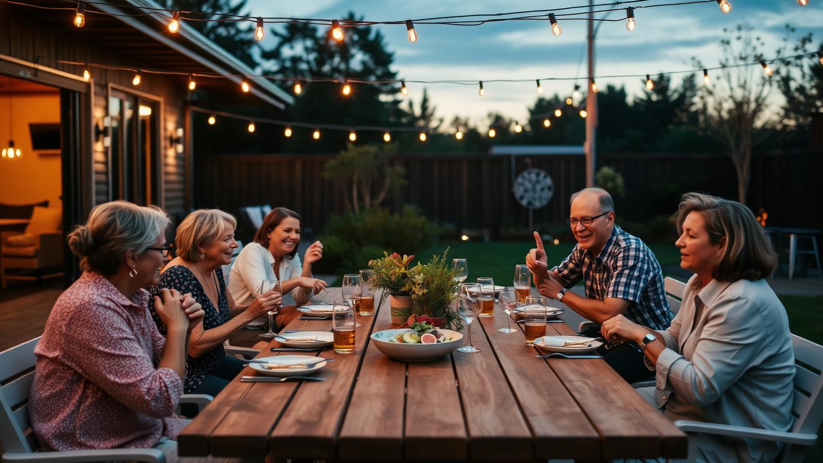 Familie und Freunde beim Abendessen unter Lichterketten im Garten
